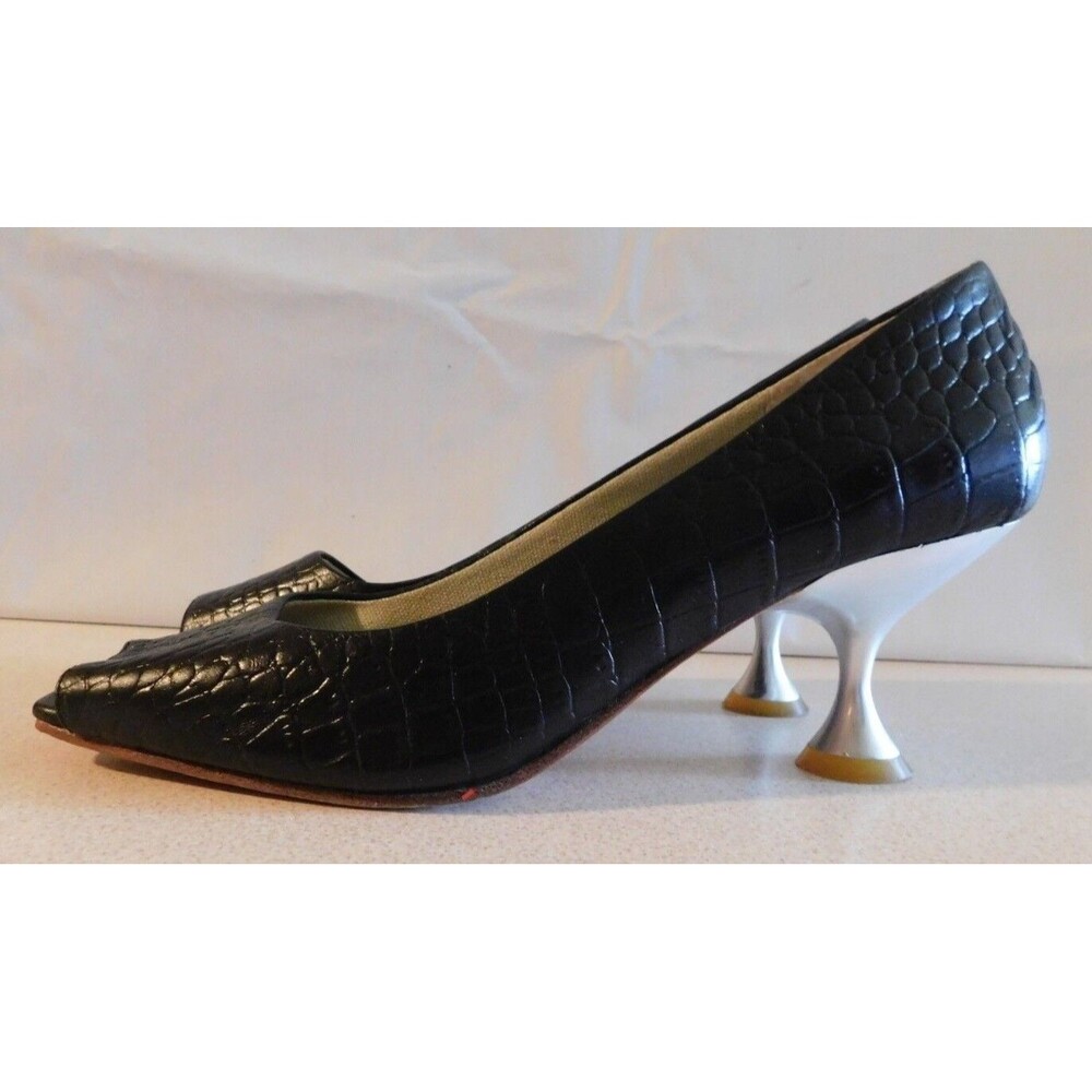 Cindy Women's Black Crave Open Toe 2 3/4'' Silver Pumps Size 9